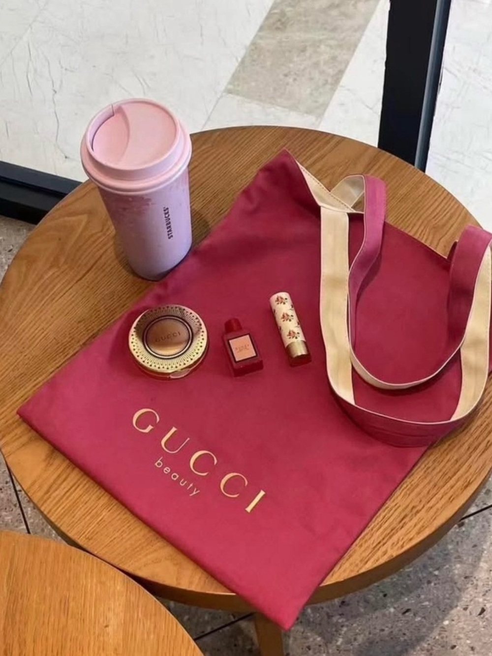 Pink Gucci Beauty Reversible Light Canvas Tote with Cream Straps - New